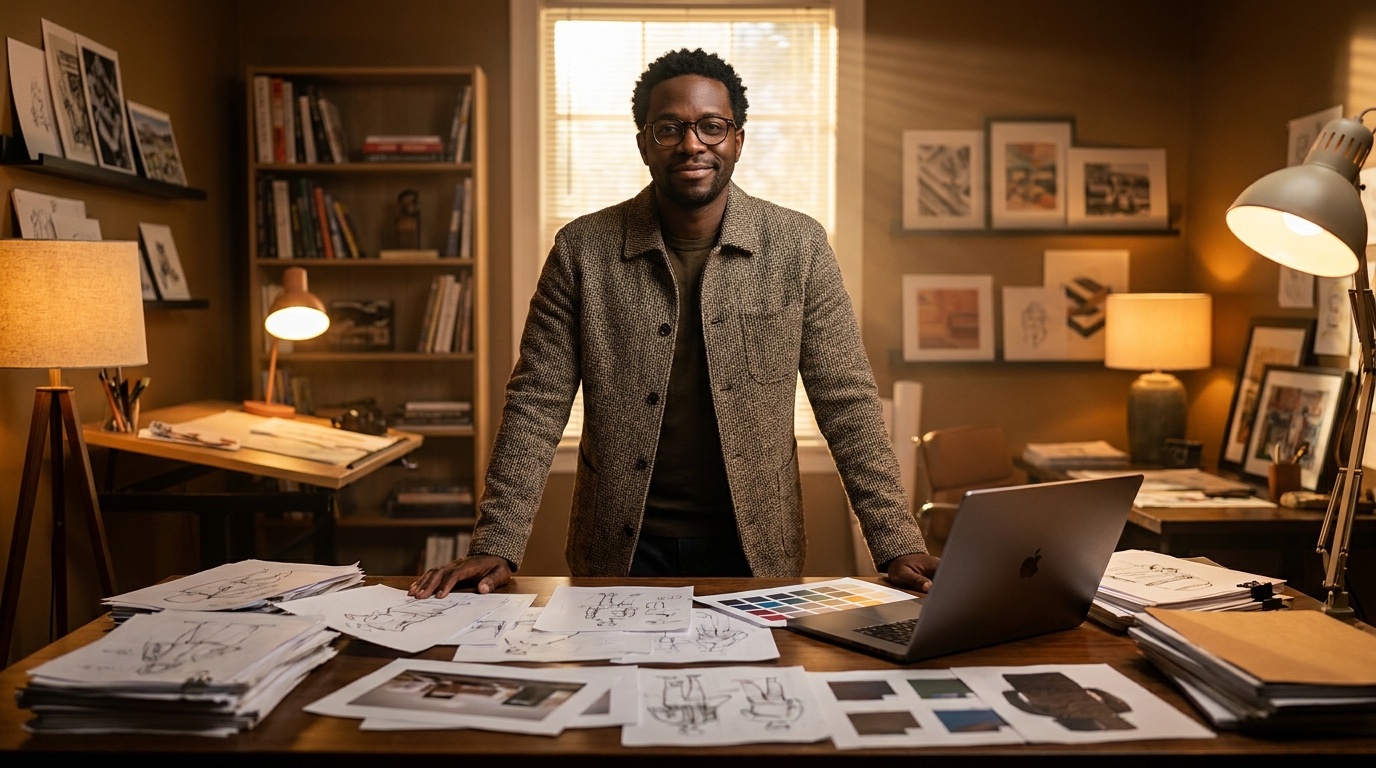 Sid Washington, founder of Moor Graphix, standing at his design studio desk surrounded by sketches, color palettes, and a laptop