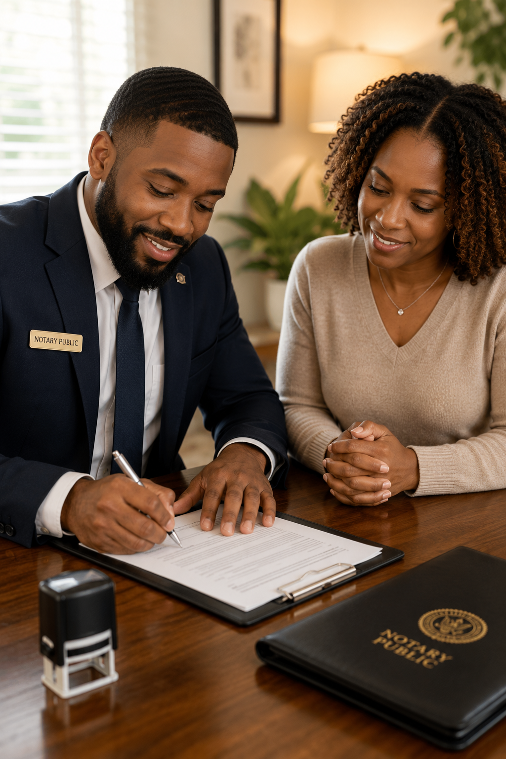A notary public in a navy suit signs a document on a clipboard at a client's home while the client looks on; a notary seal stamp and sealed notary folio sit on the table